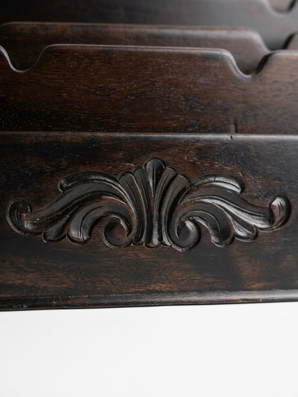 Vintage Style Dark Wood 3-Tier Desktop Letter Organizer with Carved Details - Picture 3 of 6
